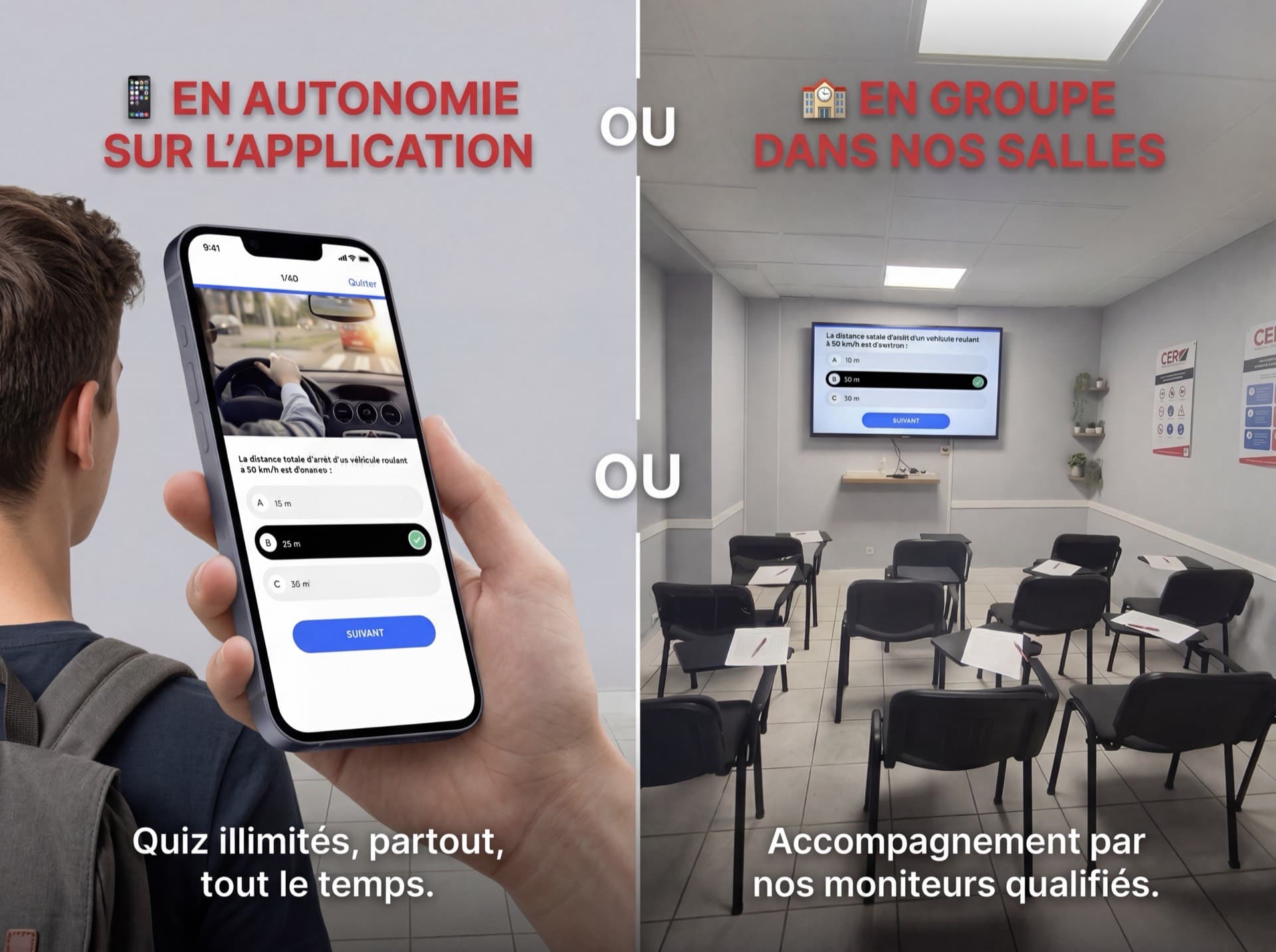 Formation au code de la route — en autonomie sur l'application ou en groupe dans nos salles